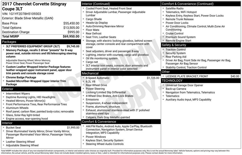 Used 2017 Chevrolet Corvette Stingray 3LT Performance