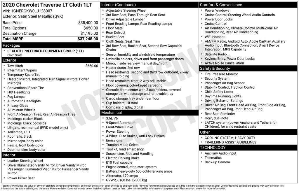 Used 2020 Chevrolet Traverse LT Cloth SUV