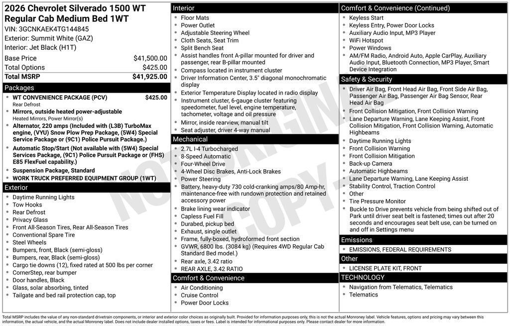 New 2026 Chevrolet Silverado 1500 WT Truck