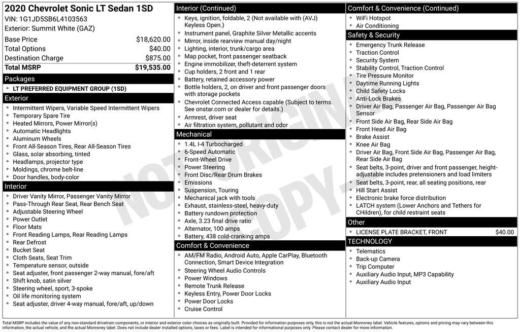 Used 2020 Chevrolet Sonic LT Sedan Car