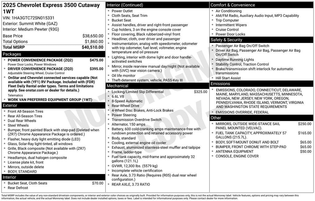 New 2025 Chevrolet Express Cutaway 3500 1WT Cutaway Van