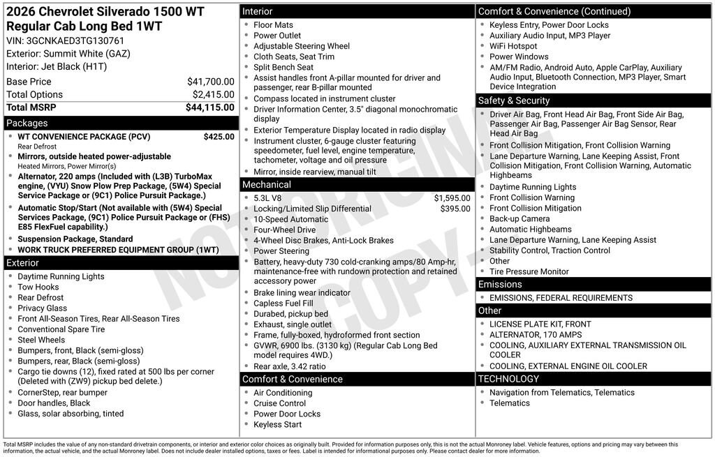 New 2026 Chevrolet Silverado 1500 WT Truck