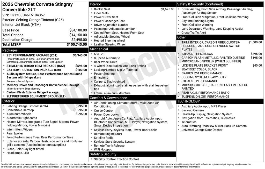 New 2026 Chevrolet Corvette Stingray 2LT Convertible