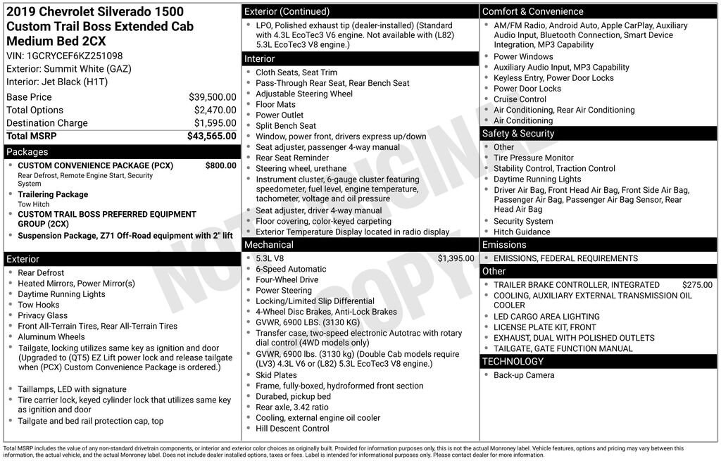 Used 2019 Chevrolet Silverado 1500 Custom Trail Boss Truck