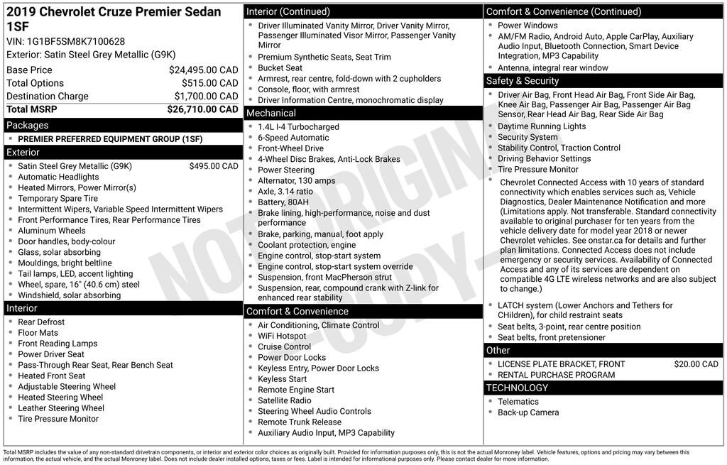 Used 2019 Chevrolet Cruze Premier Car
