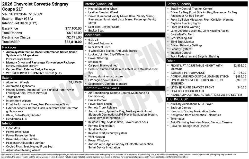 New 2026 Chevrolet Corvette Stingray 2LT Coupe