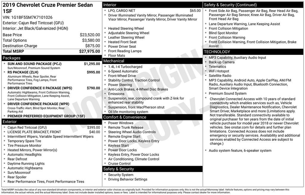 Used 2019 Chevrolet Cruze Premier with VIN 1G1BF5SM7K7101026 for sale in Newton, IA