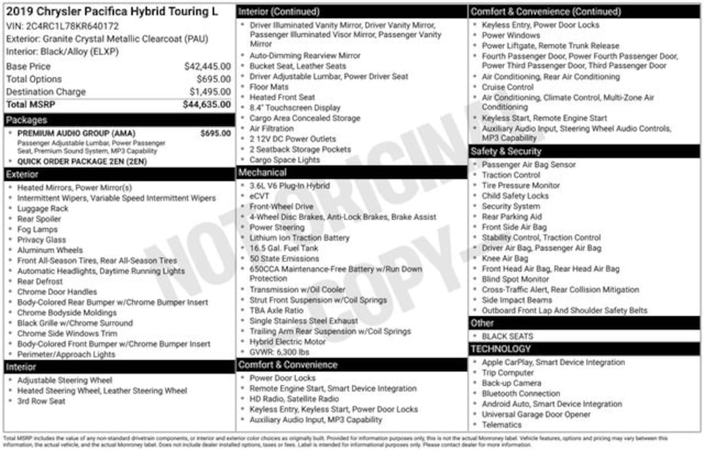 Used 2019 Chrysler Pacifica Hybrid Touring L Van Passenger Van