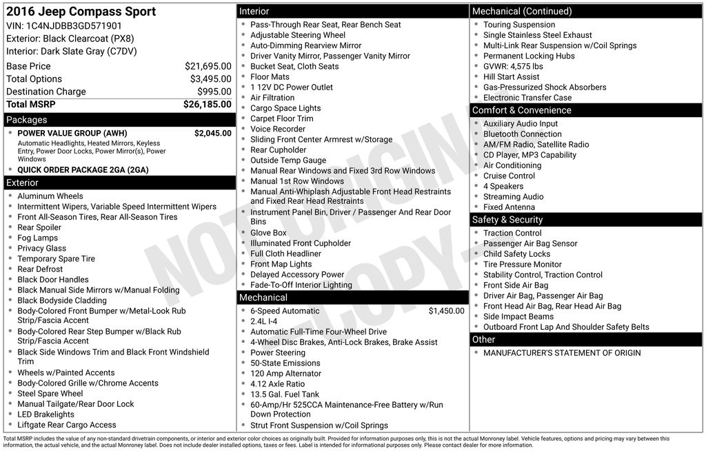 Used 2016 Jeep Compass Sport with VIN 1C4NJDBB3GD571901 for sale in Ottumwa, IA