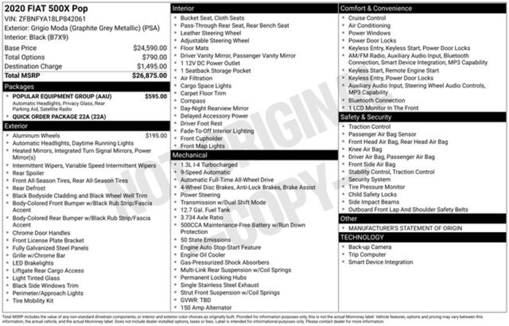 Used 2020 FIAT 500X Pop SUV