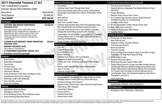 Used 2017 Chevrolet Traverse 2LT with VIN 1GNKRHKD1HJ183287 for sale in Columbus, NE