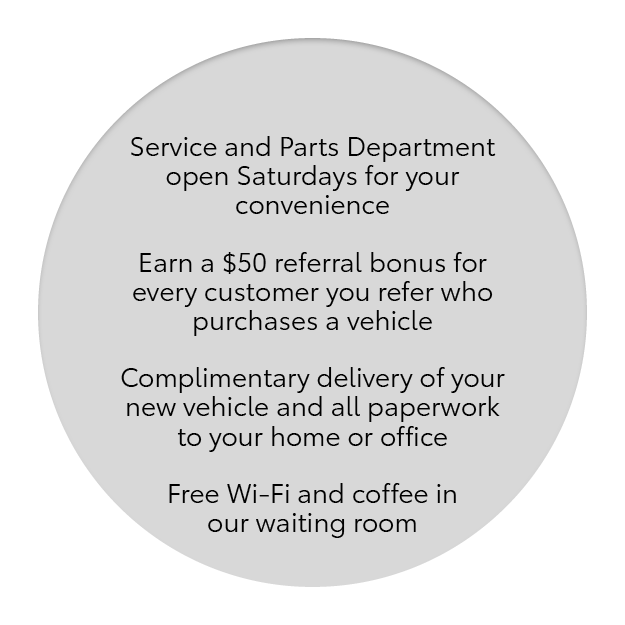 more reasons to buy your next vehicle from griffin toyota include Convenient Saturday service and parts department, earn a $50 referral bonus for each vehicle purchase, complimentary new vehicle delivery with paperwork to your home or office, and enjoy free Wi-Fi and coffee in our waiting room.
