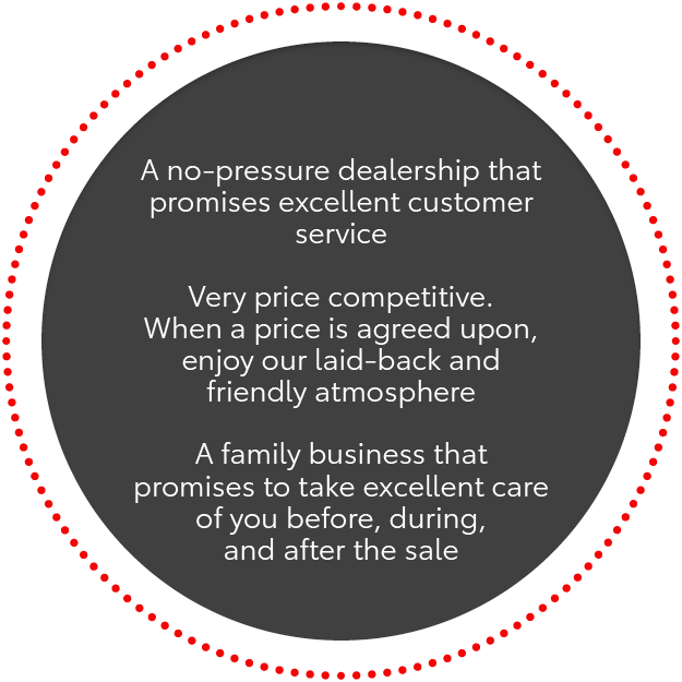 here at griffin toyota we are A no-pressure dealership with excellent customer service, offering competitive pricing, a laid-back and friendly atmosphere once a price is agreed upon, and family-owned, promising to take excellent care of you throughout the entire buying process.