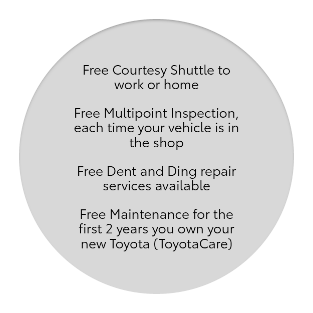 reasons to buy from griffin toyota include courtesy shuttle to work or home, multipoint inspection with every service visit, dent and ding repair services available, and ToyotaCare free maintenance for the first 2 years.