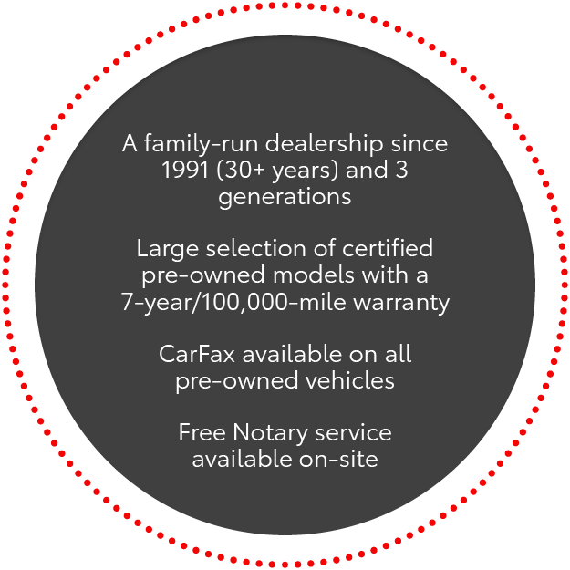 griffin toyota is A family-run dealership for over thirty years, established in nineteen ninety-one, offering a wide selection of certified pre-owned vehicles with a seven-year 100,000-mile warranty, CarFax reports available for all used cars, and complimentary notary service on-site.