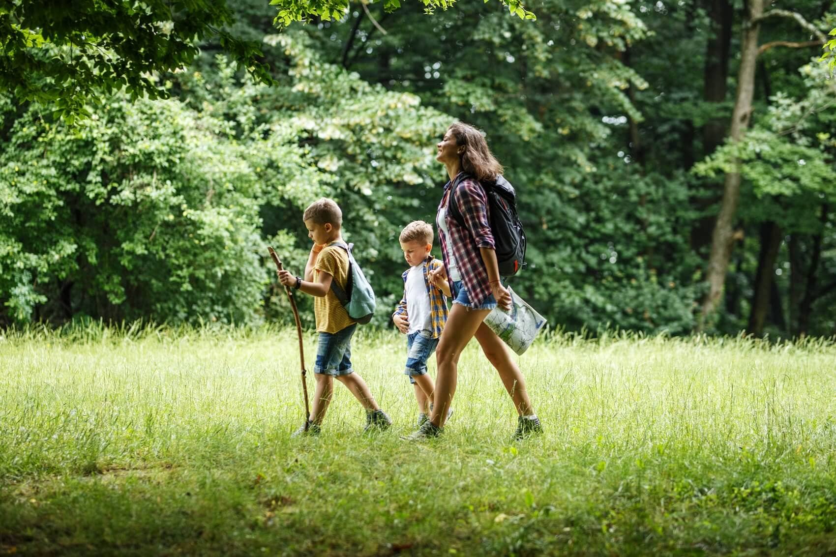 Mother and two children hiking through forest trail