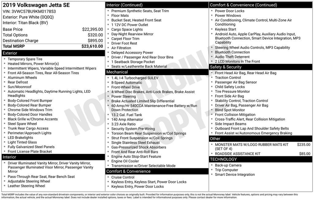 Used 2019 Volkswagen Jetta SE with VIN 3VWC57BU9KM017853 for sale in Monroe, MI