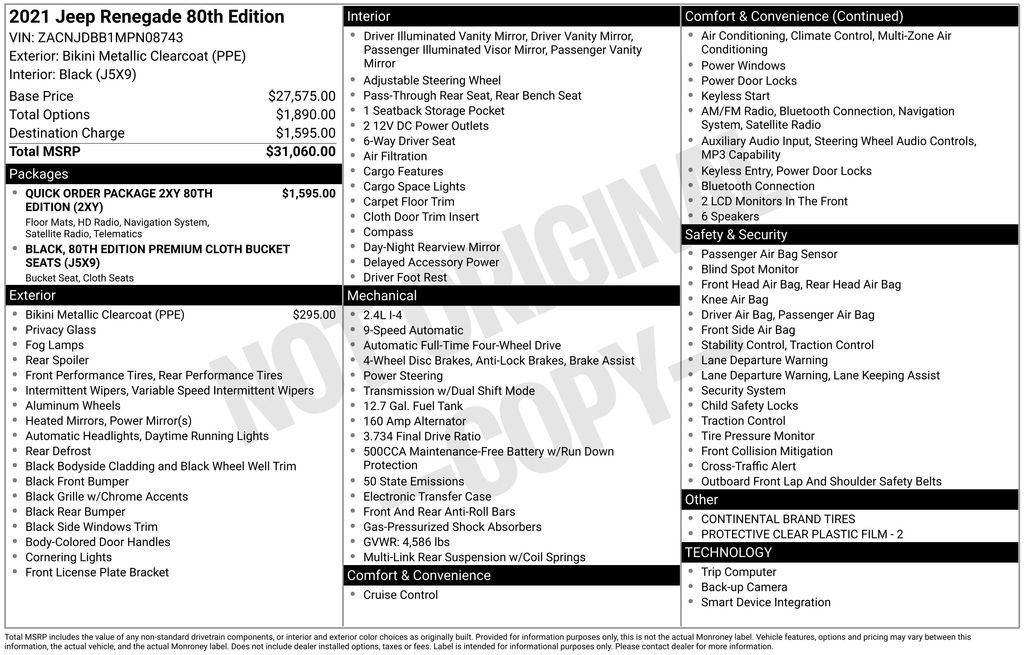 Used 2021 Jeep Renegade 80TH Edition with VIN ZACNJDBB1MPN08743 for sale in Monroe, MI