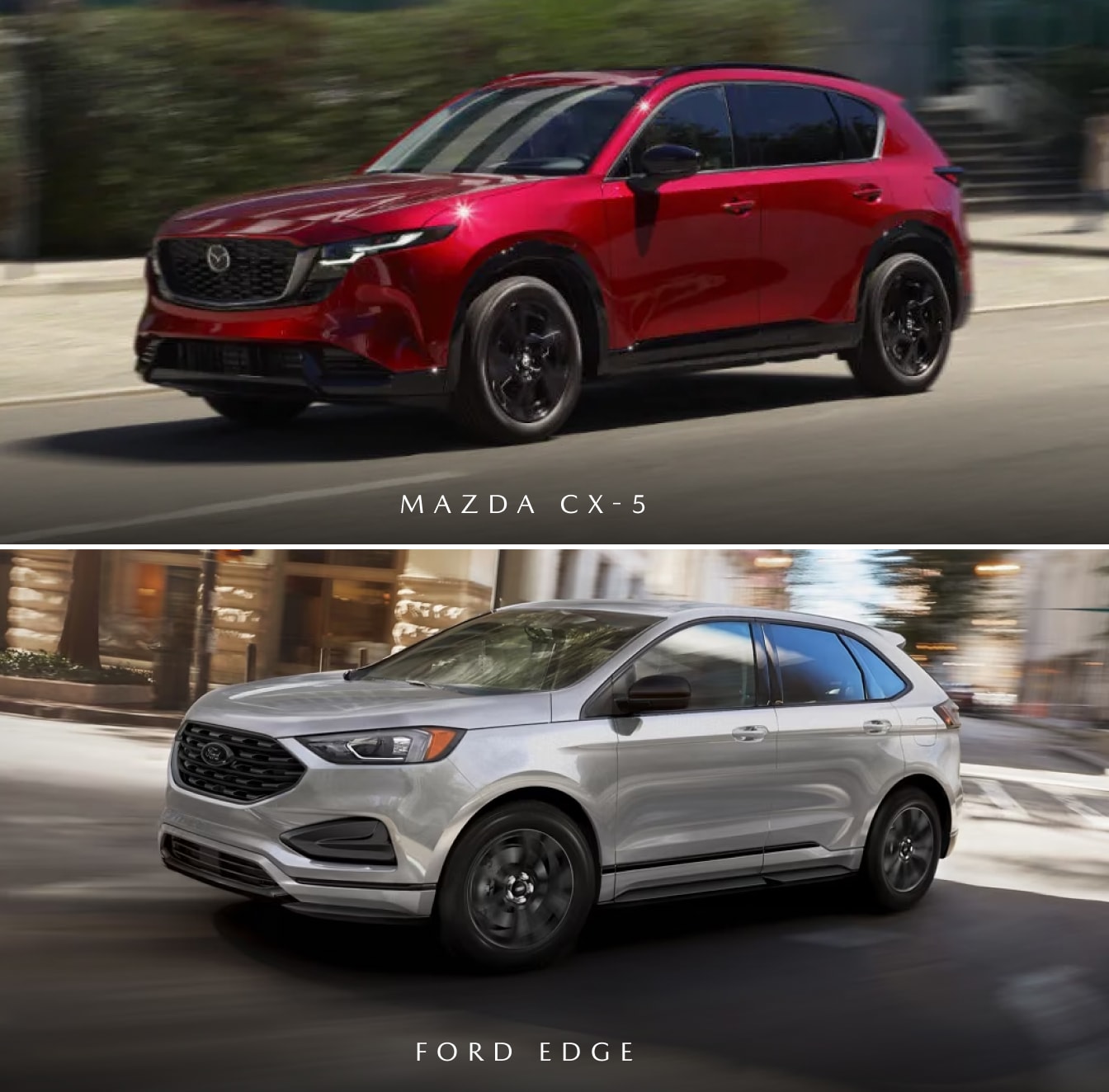 Mazda CX-5 in Red vs. Ford Edge in Silver