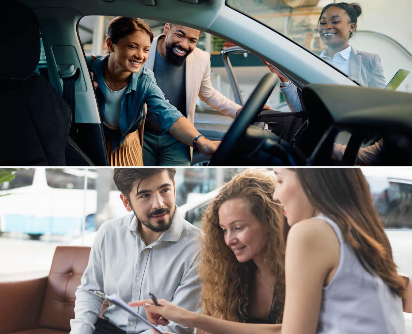 A younger couple smiles while viewing the interior of a car. A salesperson points to a clipboard while a smiling couple listens.