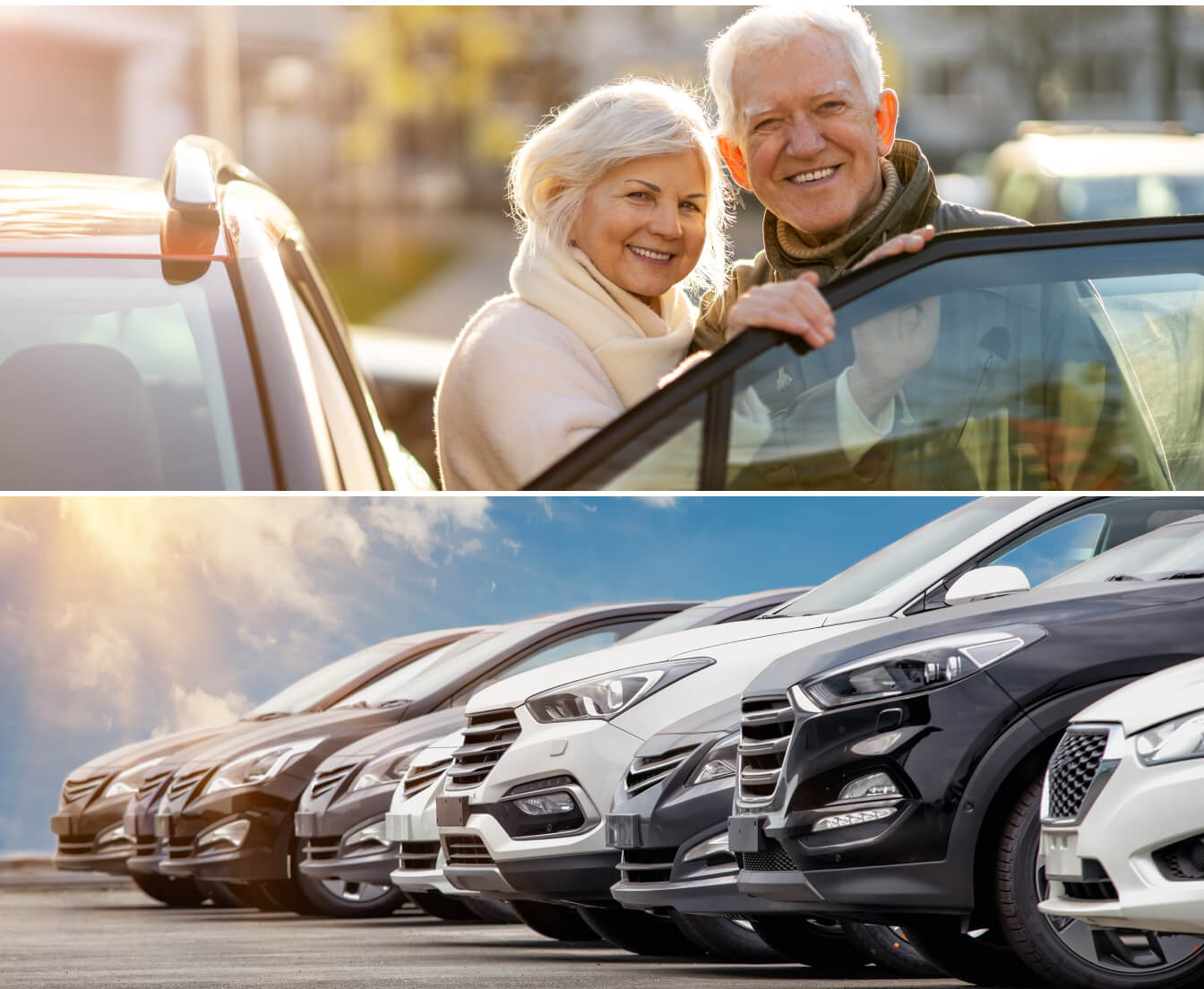 A smiling older couple standing outside an open car door. A low shot of a diverse range of car, truck and SUV bumpers.