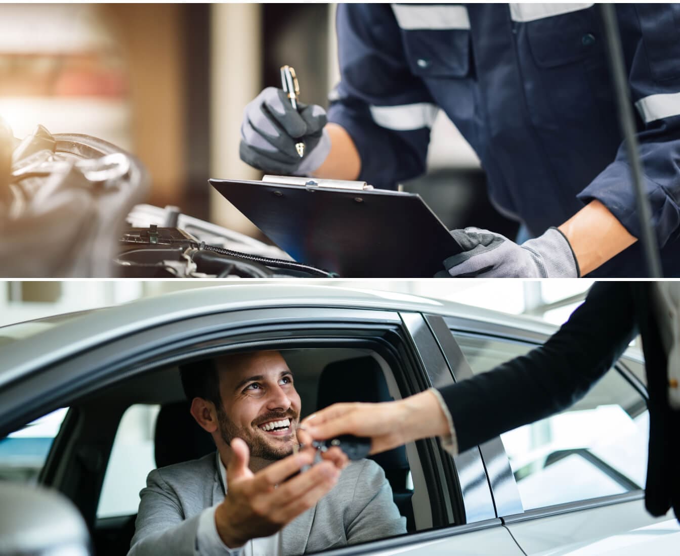 Gloved hands holding a pen and clipboard inspecting an engine. A smiling man receives keys through an open car window.