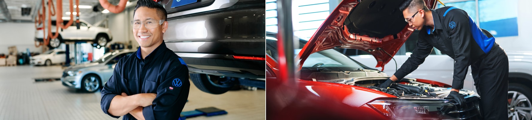 Volkswagen service technicians in dealership garage