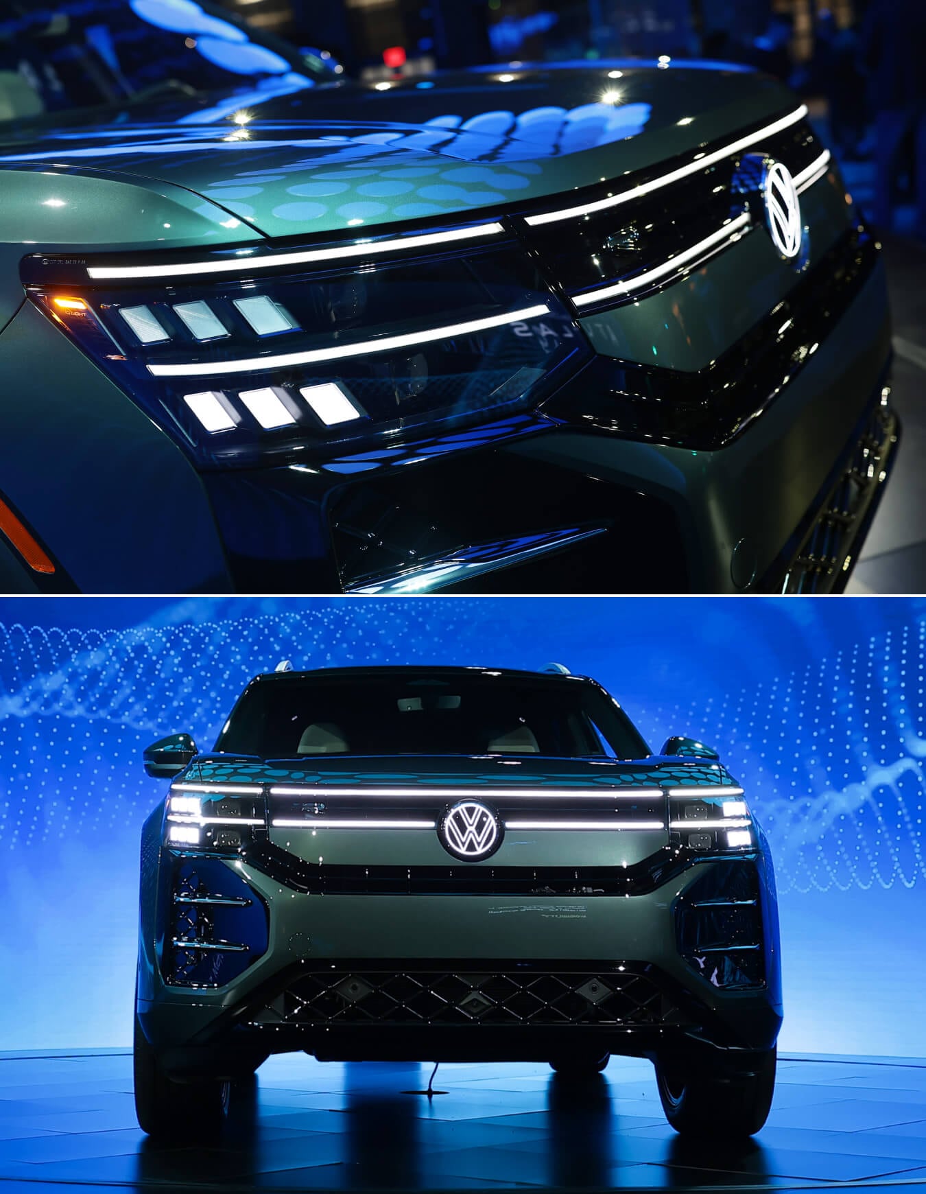 Volkswagen Atlas SEL Premium R-Line with an illuminated grille logo and LED headlight matrix at a showroom premiere and Volkswagen Atlas SEL Premium R-Line centered under a glowing light installation at an official auto show reveal.