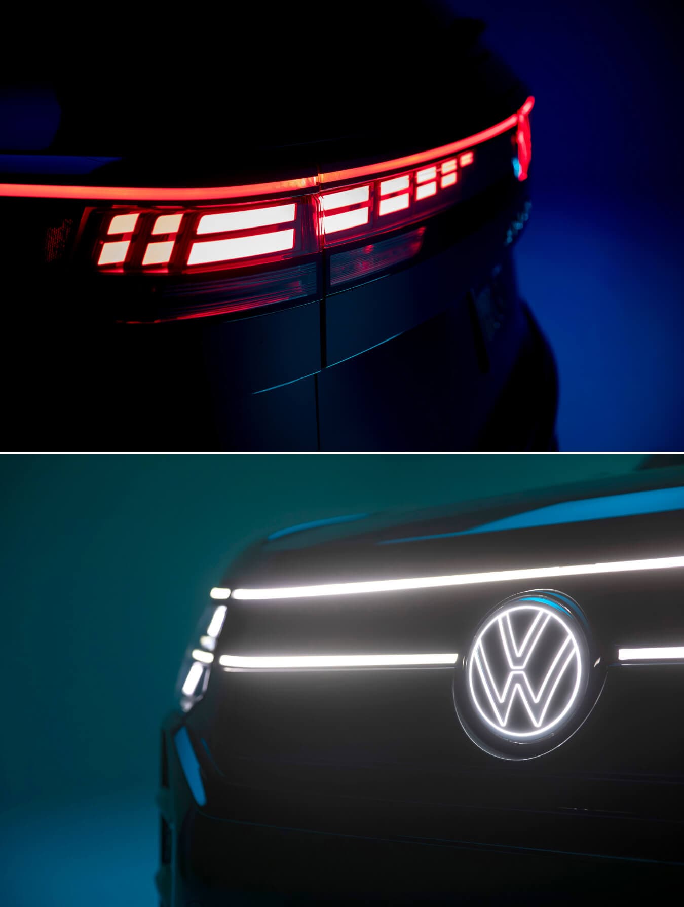 Volkswagen Atlas SEL Premium R-Line rear profile detailing a geometric LED light bar design in a dark studio and Volkswagen Atlas SEL Premium R-Line closeup of the illuminated front logo and double LED light bar in a dark studio.