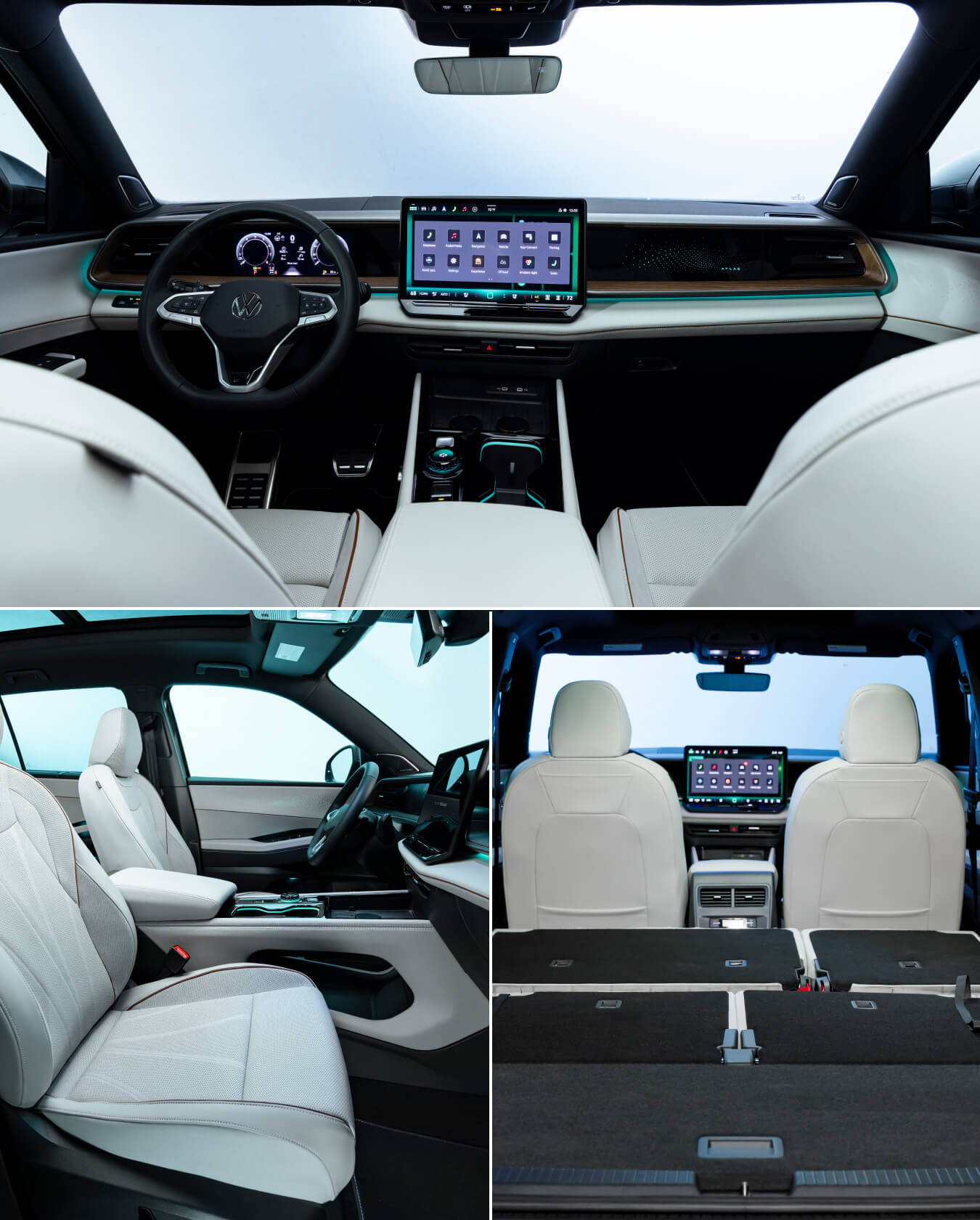 Volkswagen Atlas SEL Premium R-Line interior featuring dual digital displays and ambient lighting inside a studio setup and Volkswagen Atlas SEL Premium R-Line interior showcasing white leather seating and flat-folding cargo space in a studio.