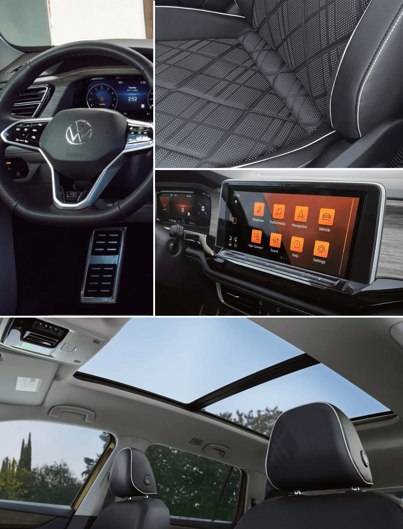 VW Atlas Interior featuring digital cockpit, touchscreen display, patterned seats, and panoramic sunroof