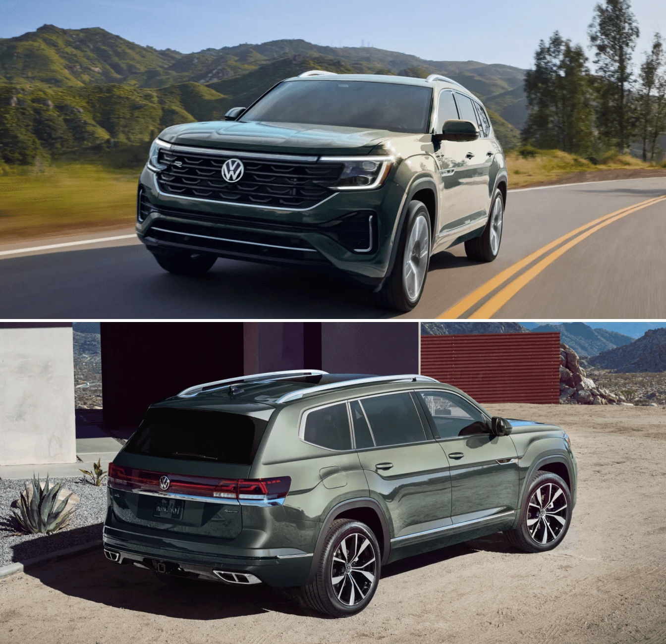 VW Atlas SUV shown from front and rear angles on scenic mountain roads