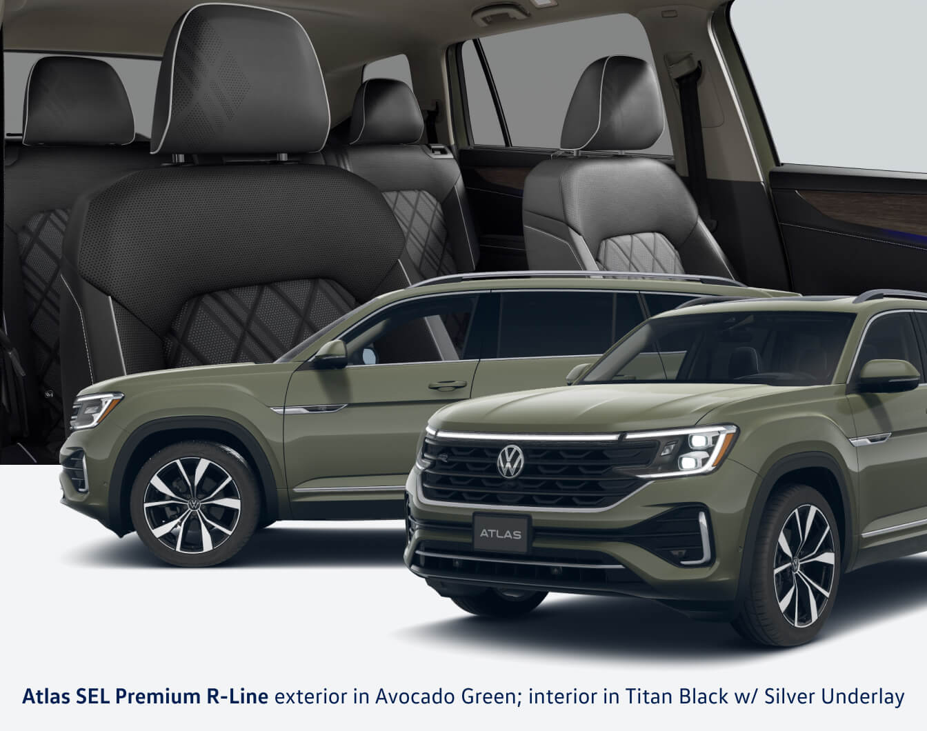 Atlas SEL premium r-line exterior in avocado green, interior in titan black with silver underlay