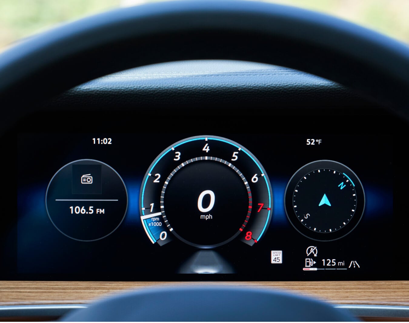 Volkswagen Atlas SEL interior in Titan Black Leather with Digital Cockpit Pro displaying speedometer on instrument panel.