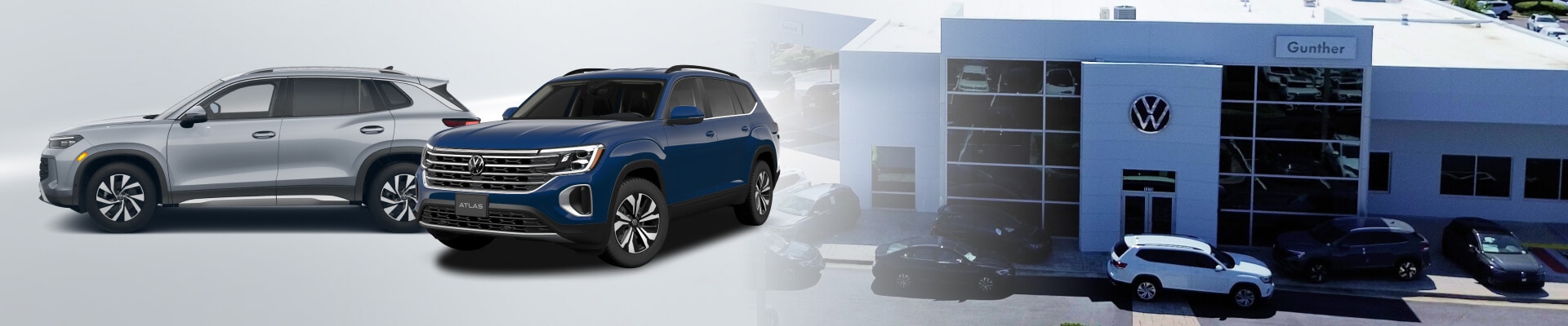 Volkswagen SUVs in front of Gunther Volkswagen dealership
