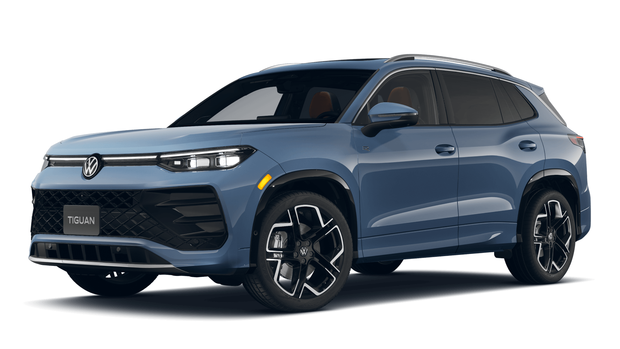 2027 Volkswagen Tiguan SEL R-Line in Monterey Blue shown in three quarter angle.
