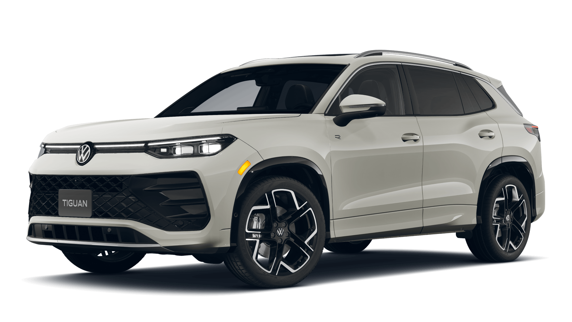 2027 Volkswagen Tiguan SEL R-Line in Sandstone shown in three quarter angle.