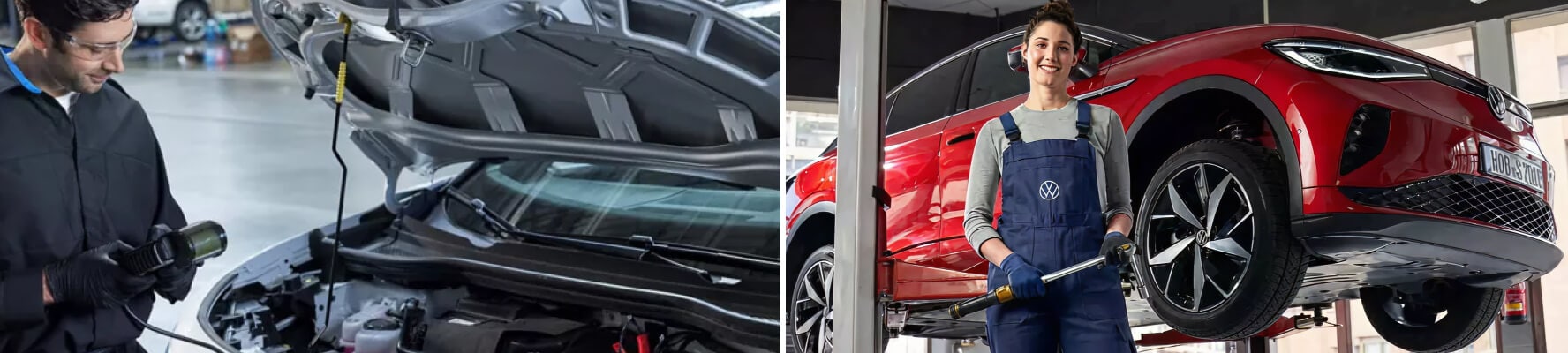 Volkswagen technicians performing car maintenance and service in dealership auto shop