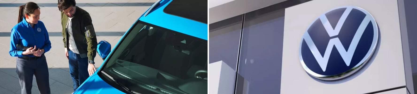 Volkswagen sales rep showing blue Volkswagen SUV to customer outside VW showroom