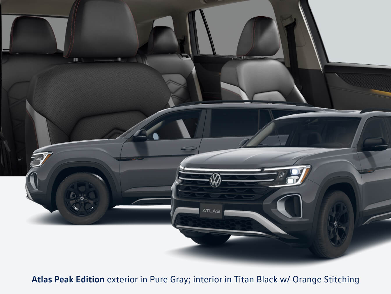 Atlas peak edition exterior in pure gray, interior in titan black with orange stitching