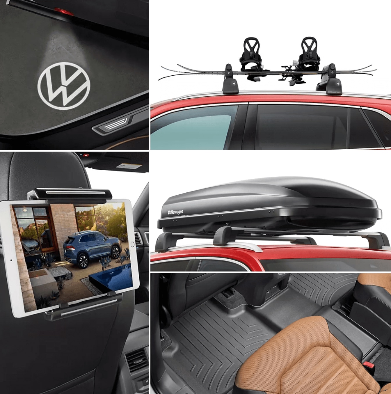 VW SUV accessories including ski rack, roof cargo box, interior tablet mount, and all weather floor mats
