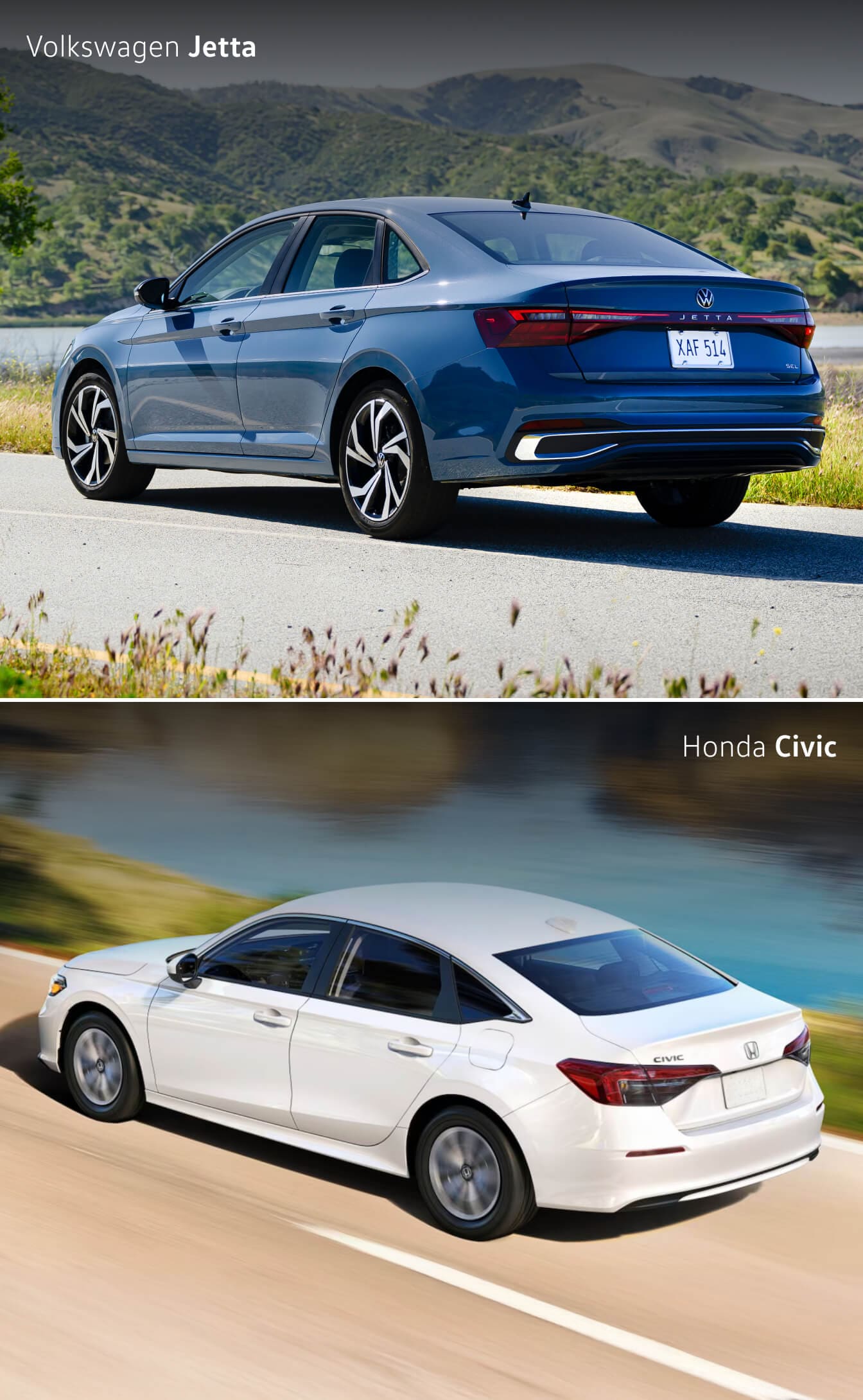 Volkswagen Jetta Vs. Honda Civic rear side view on scenic drives