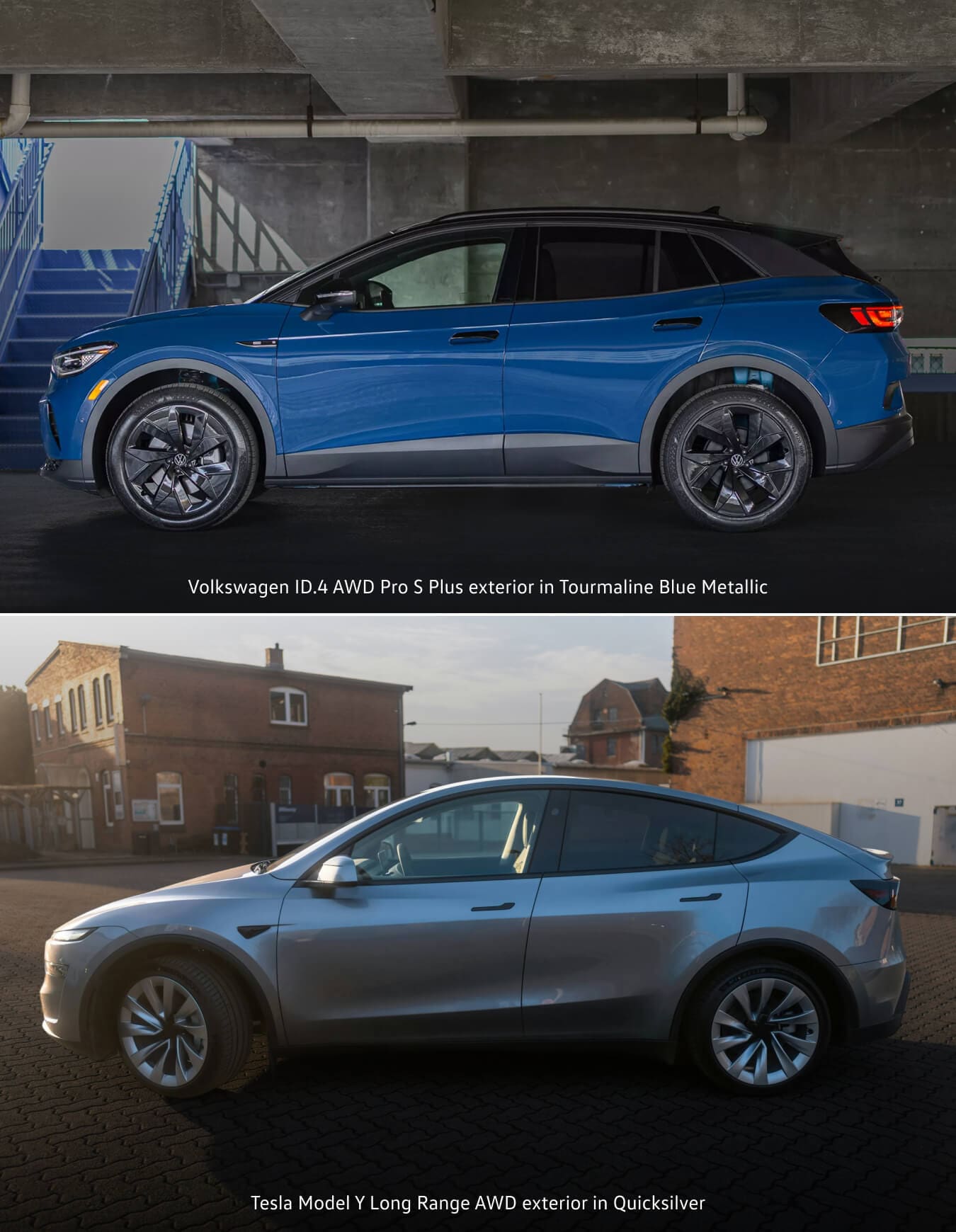 Volkswagen ID.4 Pro S Plus exterior in Mountain Lake Blue Metallic displaying side profile in parking garage. Tesla Model Y Long Range exterior in Quicksilver displaying a side-profile view on a paved lot.