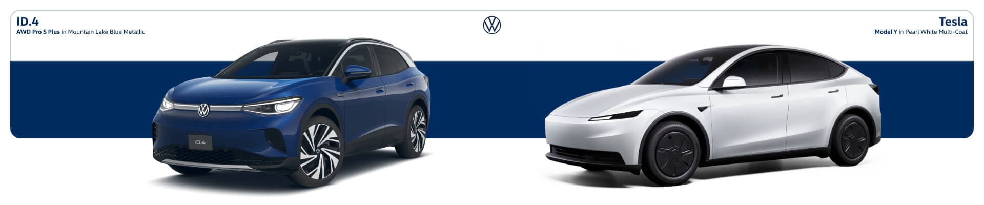 Volkswagen ID.4 AWD Pro S Plus in Mountain Lake Blue Metallic. Tesla Model Y Standard RWD exterior in Pearl White Multi-Coat