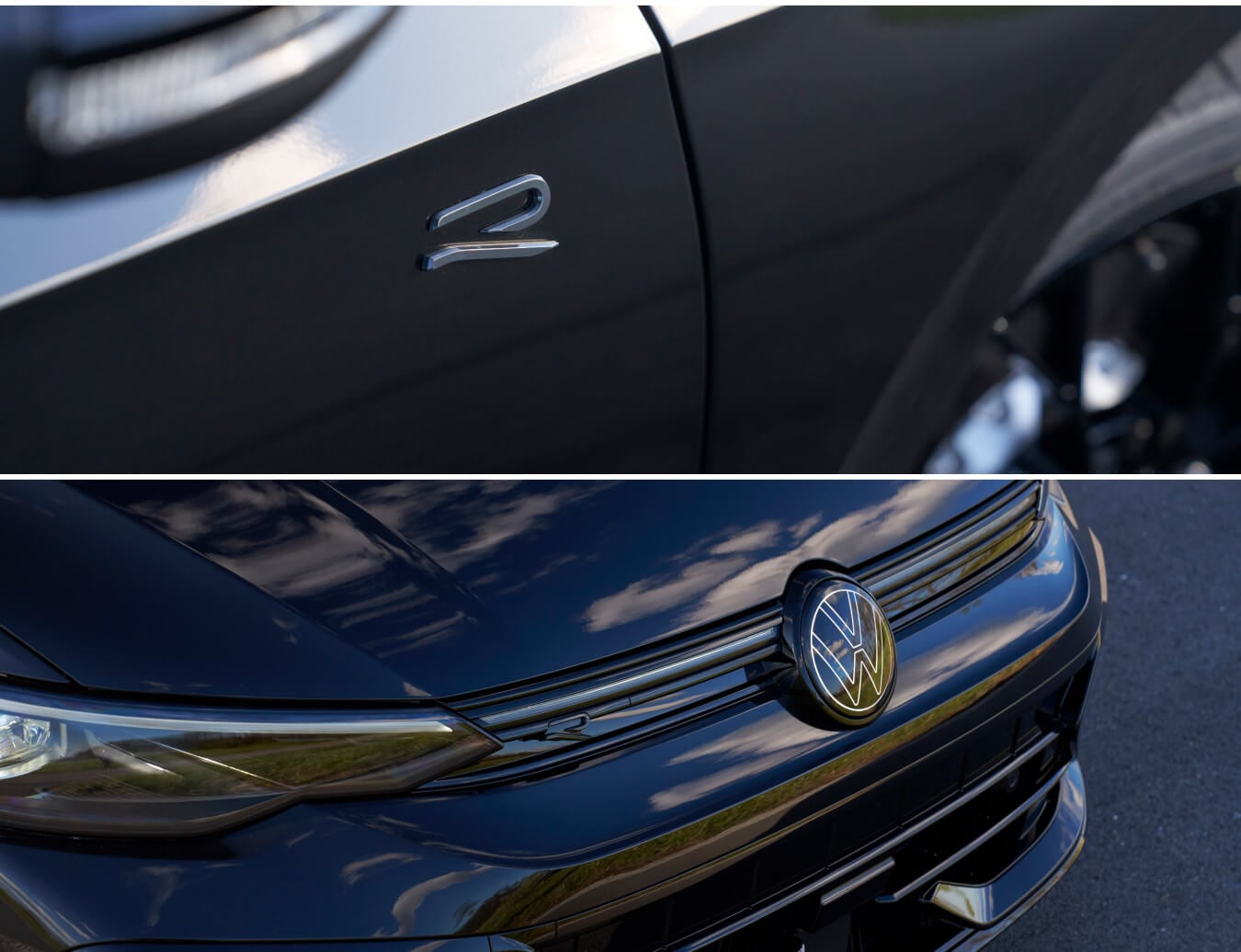 Close-up of Volkwsagen Golf R emblem and front bumper
