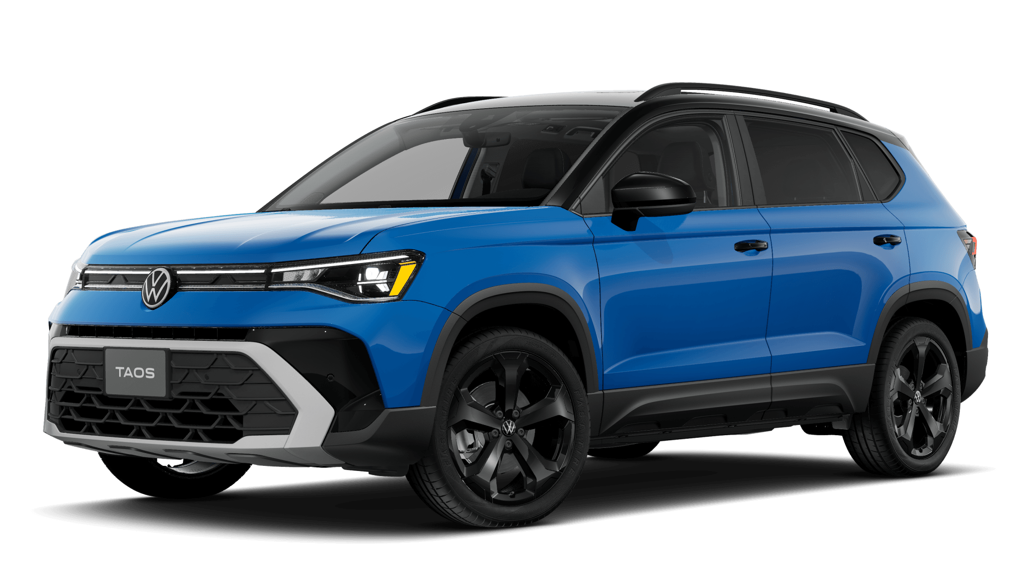2027 Volkswagen Taos SE Black in Cornflower Blue with a Deep Black roof, shown from a three-quarter angle.