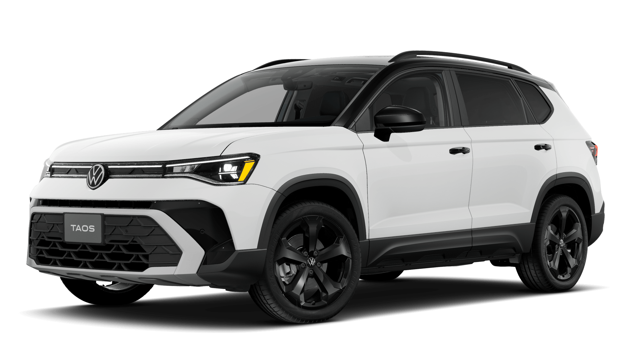 2027 Volkswagen Taos SE Black in Pure White with a Deep Black roof, shown from a three-quarter angle.