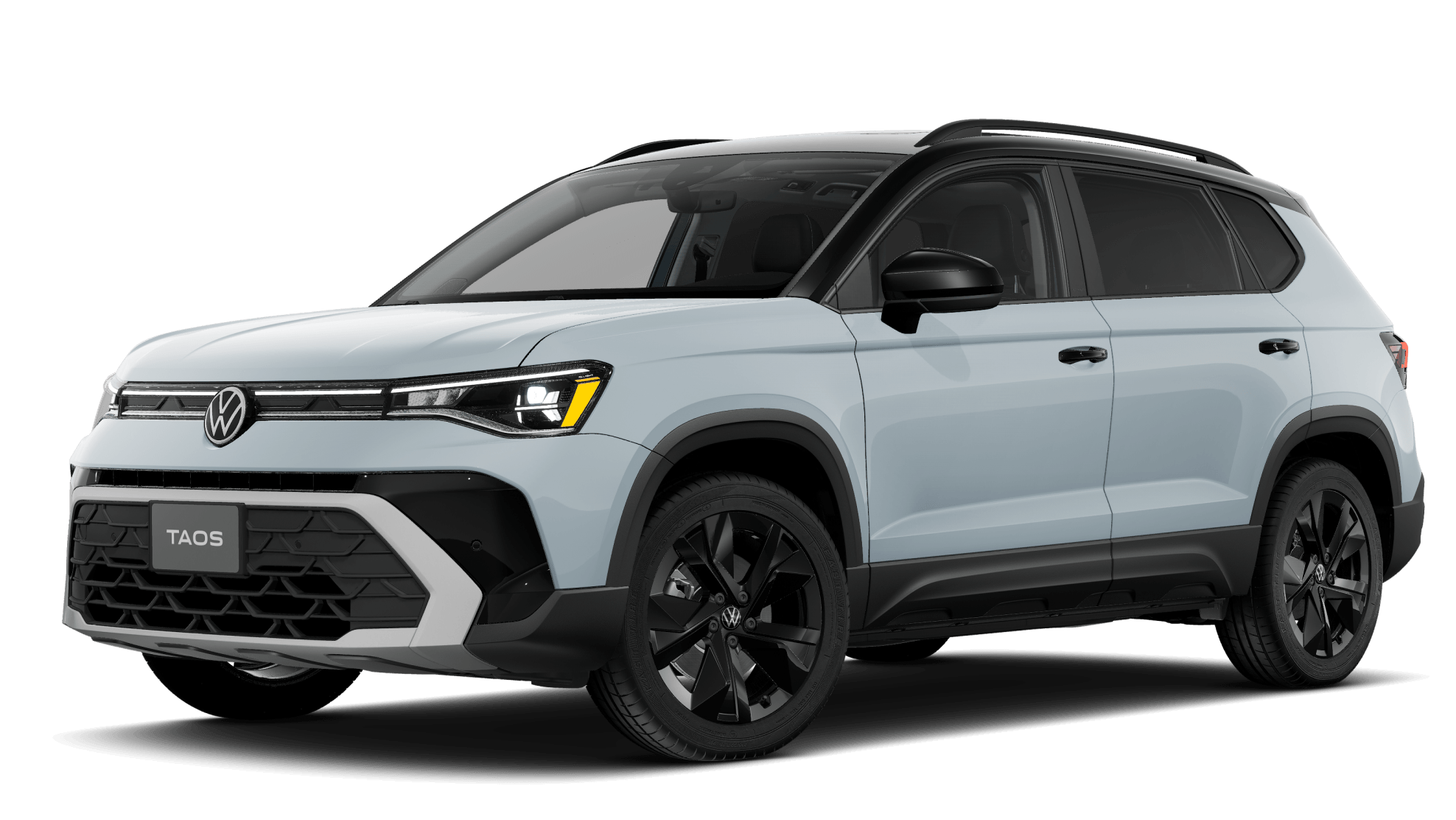 2027 Volkswagen Taos SE Black in Monument Gray with a Deep Black roof, shown from a three-quarter angle.