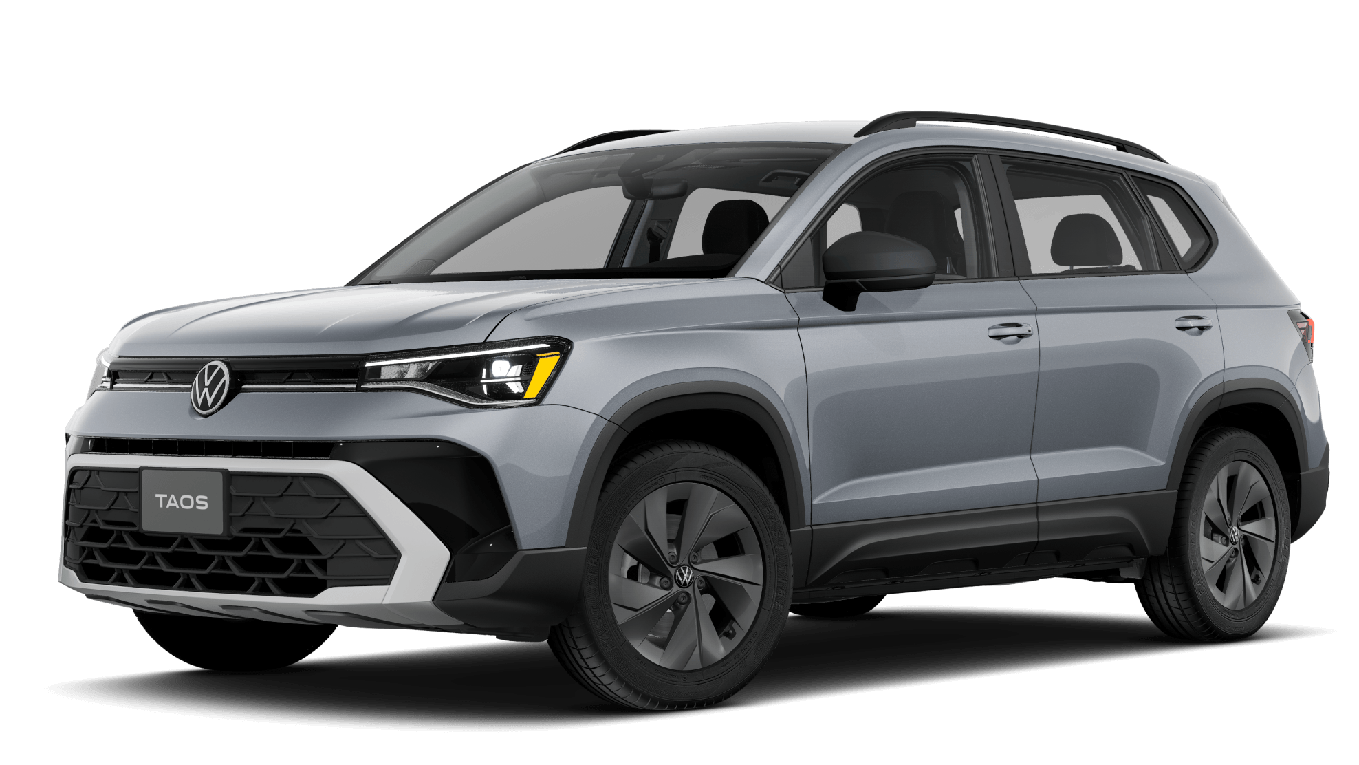2027 Volkswagen Taos S in Platinum Gray, shown from a three-quarter angle.