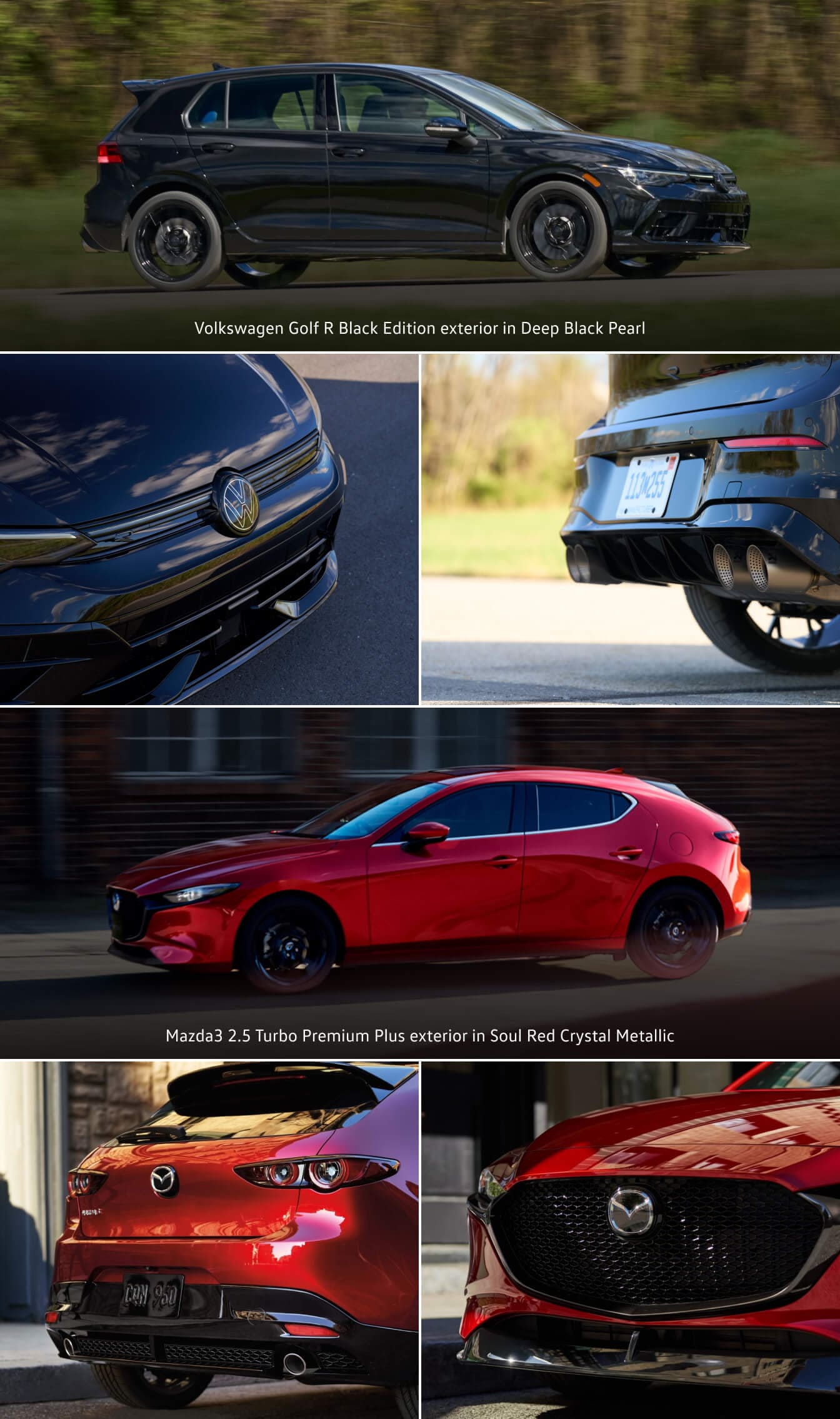 Volkswagen Golf R Black Edition exterior in Deep Black Pearl rolling on an asphalt test track. Mazda3 2.5 Turbo Premium Plus exterior in Soul Red Crystal Metallic rolling on an urban asphalt road